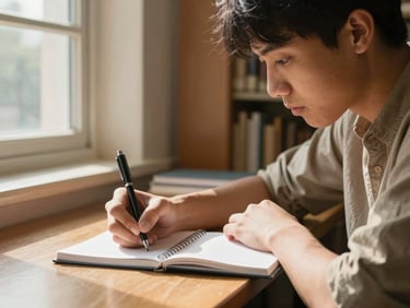 A close-up of a student writing in a notebook in a sunlit university library, warm window light, thoughtful expression