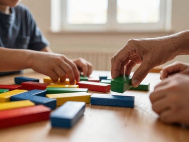 Candid close-up of hands arranging colorful wooden blocks during a collaborative classroom activity, warm natural light, rich earthy tones.