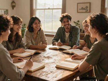 A collaborative mentorship session around a rustic wooden table with open books, soft golden hour light, authentic laughter