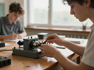 Hands adjusting a mechanical component on a workbench in a bright classroom, natural light, focused learning environment
