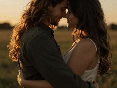 Candid medium shot of a couple embracing during golden hour, soft natural light, rich warm tones