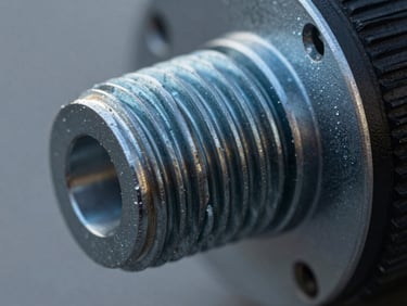 Macro close-up of heavy-duty metal threads on an explosion-proof light fixture, cool high-contrast daylight, technical focus