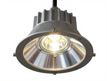 Explosion proof high bay light fixture, isolated on pure white background, crisp technical lighting