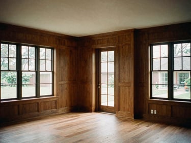 Wide-angle view of a completed residential interior, showing seamless transition between rooms, custom millwork, and abundant natural light from large windows, architectural editorial photography.