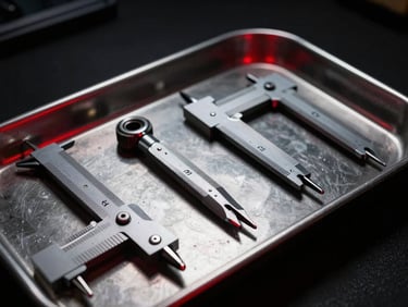 Close-up of calibrated mechanical tools on a clean metal tray, sharp red rim light, dramatic low-key automotive photography, high contrast, crisp details