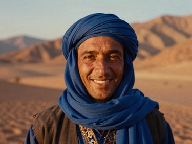 Portrait of a Berber mountain guide with a warm smile, wearing a traditional blue turban, High Atlas mountains in the soft golden-hour background.