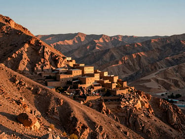Rugged High Atlas mountain peaks with a small stone village clinging to the cliffside, warm low-angle sunlight