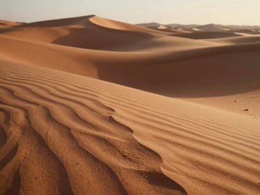 Close-up of warm sand dunes in the Sahara at golden hour, soft shadows, cinematic travel-journal style