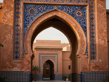 Intricate archway of an ancient Moroccan medina, warm terracotta tiles, soft light filtering through