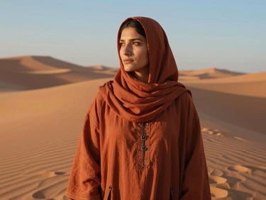 Portrait of a desert guide in a terracotta robe, looking thoughtfully over sand dunes at golden hour, warm low-angle sunlight.