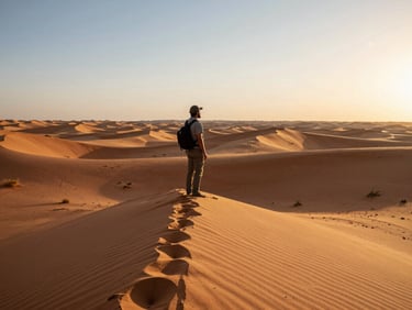 A wide environmental shot of a local guide standing on a high sand dune at golden hour, looking out over the vast Sahara desert, warm low-angle sunlight, cinematic depth.