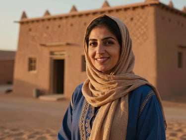 Portrait of a Moroccan woman guide in a warm-toned headscarf, smiling in front of a traditional clay-walled village home.