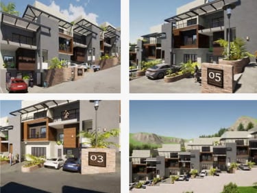 Modern multi-level townhouse complex featuring contemporary architectural design and luxury hillside living.