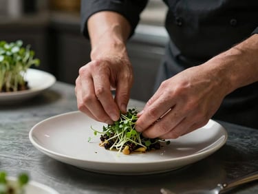 Hands of a chef carefully arranging microgreens on a modern dish, kitchen background in soft focus, low-key lighting, moody shadows, authentic culinary work.