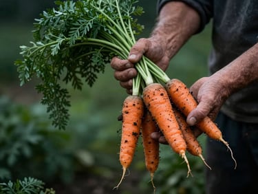 Hands of a farmer holding a bundle of freshly harvested organic carrots with soil still attached, low-key natural light, moody dark green background.