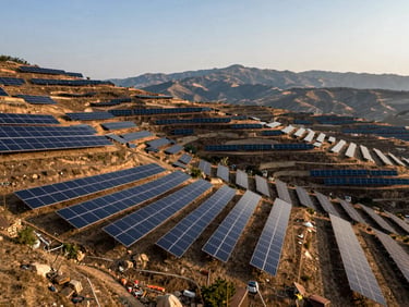 Wide landscape photograph of a ground-mounted solar farm on dry terraced hillside terrain, rows of bifacial panels following the slope contours, late afternoon side-light, mountains visible on the horizon