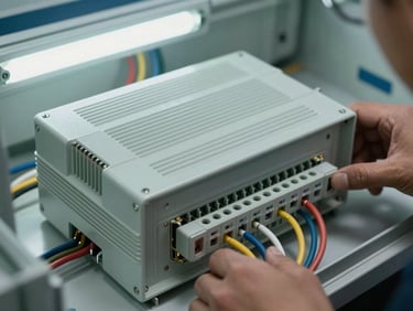 Detail photograph of inverter and combiner box wiring during commissioning, labeled cables and terminal blocks in focus, technician hands partially visible at frame edge, fluorescent workshop lighting