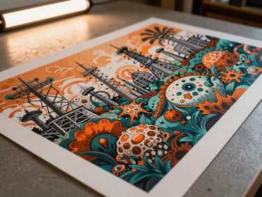 Full finished illustration piece photographed at an angle on a studio floor, large format paper showing a complex mixed-media composition of energy infrastructure and organic forms, saturated inks in burnt orange, deep teal, and charcoal, the far edge receding in gentle perspective under warm overhead tungsten light