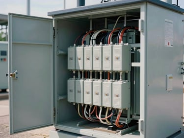 Ground-level close-up of a transformer substation cabinet open for inspection, dense wiring and busbars visible, neutral daylight from the left, industrial site background out of focus
