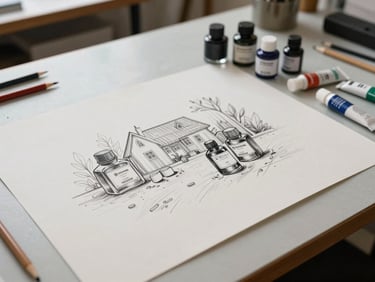 Wide view of an illustration studio worktable—large sheet of toned paper pinned flat, multiple ink bottles and gouache tubes arranged at right, finished linework visible in foreground, diffuse north-facing studio light, no person present, overhead and slightly angled framing