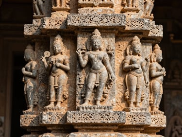 Close-up of intricate stone carvings on an ancient temple pillar in Madurai, soft warm light highlighting the textures