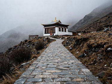 A quiet stone pathway winding up toward a remote mountain shrine in the Himalayas, dramatic mist, spiritual atmosphere