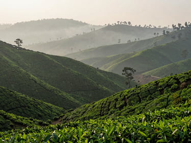 Misty green hills of Munnar tea plantations at dawn, soft diffused light, empty landscape, wide scale