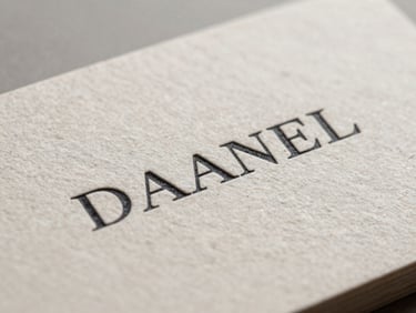 Macro shot of a minimalist business card made of thick warm stone paper, showing crisp black serif typography, soft diffused light.