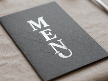 Extreme close-up of a slate-gray menu card with silver foil lettering, resting on a textured linen tablecloth, soft side light.