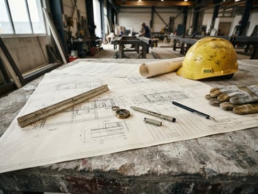 Industrial architectural blueprint on a concrete table, sharp natural daylight, yellow safety helmet nearby, professional engineering tools, high precision