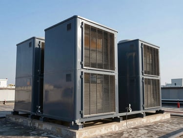 Rooftop industrial chiller unit assembly, clean metal casing, blue sky background, wide-angle architectural lens.