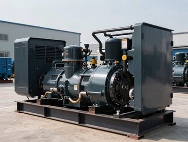 Heavy-duty diesel generator unit inside an enclosure, technical details visible, clean industrial environment.