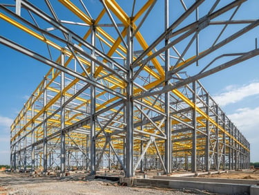 Plano general de una estructura de acero industrial en construcción bajo luz natural intensa, vigas geométricas amarillas y grises, sin personas, lente gran angular