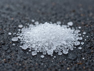 Close-up macro shot of coarse road salt crystals scattered on dark wet asphalt under overcast winter daylight, salt granules catching harsh light, surface texture visible