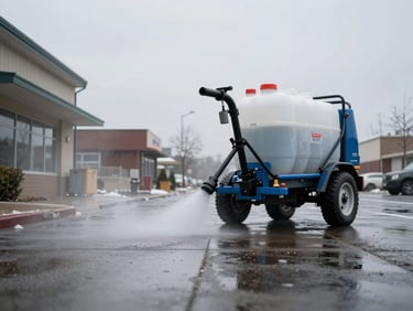 Wide angle low shot of an eco-friendly liquid de-icer spreader nozzle applying treatment to a commercial walkway surface, mist visible in cold air, overcast winter daylight, no people in frame