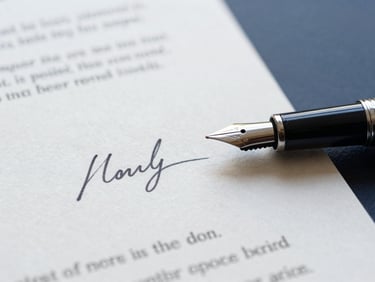 Macro shot of a signed contract on heavy textured paper, elegant fountain pen resting on the margin, soft daylight.