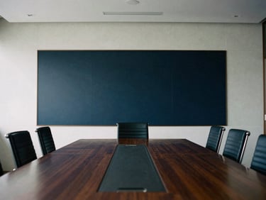 Architectural perspective of a modern corporate boardroom in São Paulo, low-contrast diffused overcast daylight, muted corporate tones, 50mm lens.