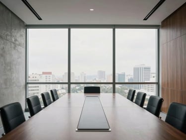 Architectural perspective of a modern corporate boardroom in São Paulo, soft overcast daylight through floor-to-ceiling windows, minimalist concrete and dark wood accents.