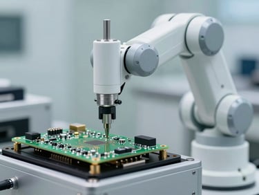 Macro shot of a robotic calibration arm testing a circuit board, bright clinical daylight, clean white and green tones, focus on technical precision.