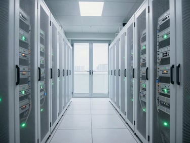 A clean, modern server room with straight-on architectural lines, clinical white and soft green LED indicator lights, pristine cable management, bright daylight.