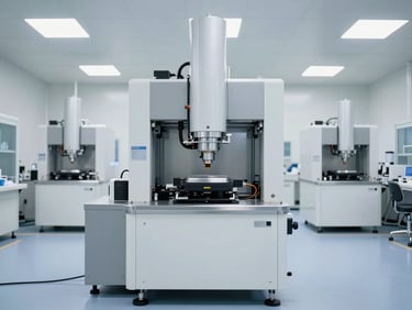 Straight-on architectural shot of a modern cleanroom facility with automated machinery and bright clinical white lighting