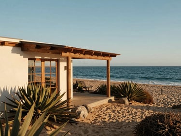 Boutique beachside bungalow patio surrounded by native desert plants, view of the calm blue ocean, warm afternoon sun, 35mm lens.
