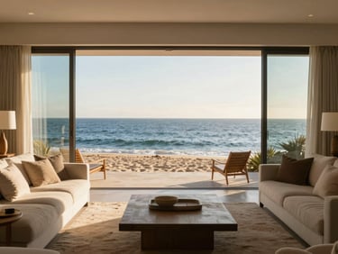 Modern coastal living room with wide open glass doors facing the Sea of Cortez, sandy neutral tones, soft natural light, 35mm lens.
