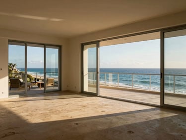 Modern coastal condominium interior, open floor plan, ocean views through floor-to-ceiling glass doors, sandy neutral decor