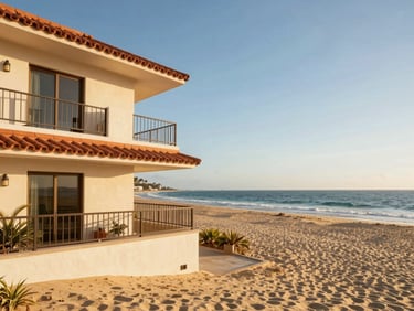 Modern coastal condominium exterior with terracotta tile details, overlooking the sandy beach of San Felipe, bright afternoon sun.