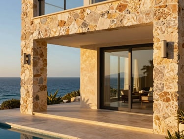 Sun-drenched luxury villa with local stone accents, large glass windows reflecting the blue ocean, warm golden-hour light, 35mm lens.