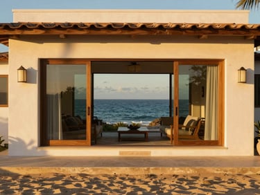 Sun-drenched luxury villa exterior on the San Felipe coast, large windows facing the ocean, warm golden-hour light