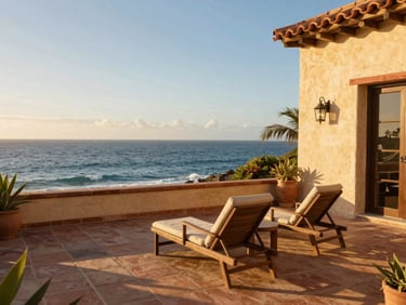 Sun-drenched Mexican villa terrace with ocean views, terracotta tiles, comfortable lounge chairs, golden hour light, 35mm lens.