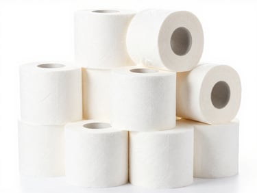 Bright high-key studio shot of commercial toilet paper rolls stacked, clean white backdrop