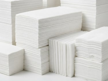 Bright high-key product photography of stacked commercial paper towels and napkins on a clean white backdrop, crisp studio light, sharp focus, 50mm lens